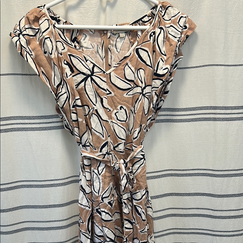 LOFT Patterned Midi Linen Dress in Tan